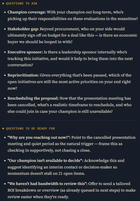Questions to ask the customer and questions to be ready for, grounded in the account's real situation