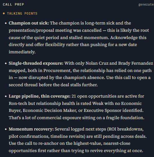 Call Prep talking points grounded in the account's real situation