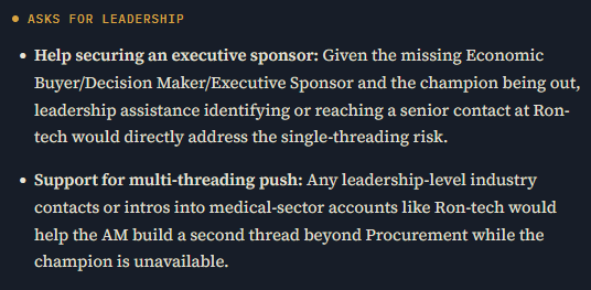Manager Prep asks for leadership, grounded in the account's real risk profile