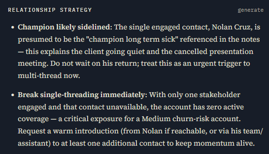 Relationship Strategy card generating a real, grounded action plan to close stakeholder gaps