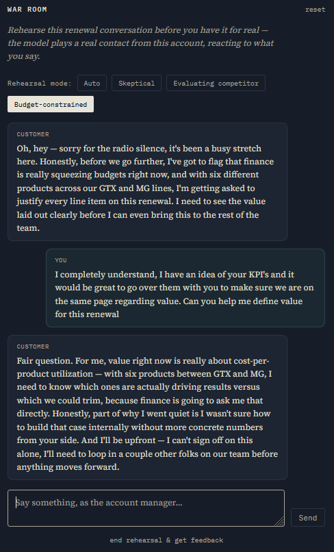 War Room rehearsal conversation with an AI-played customer contact
